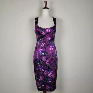 David Meister- NWT Purple Satin Floral Sleeveless Midi Shift Dress